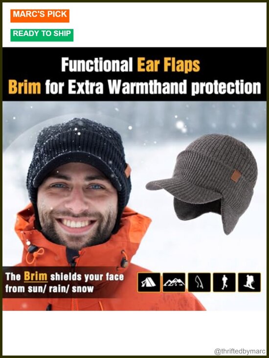 Waterproof Merino Wool Brim Beanie with Ear Flaps | Fleece Lined for Skiing & main image 3